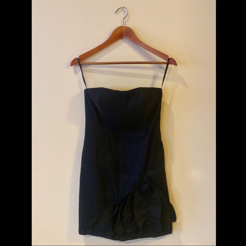 Black Strapless Tiered Floral Bow Dress